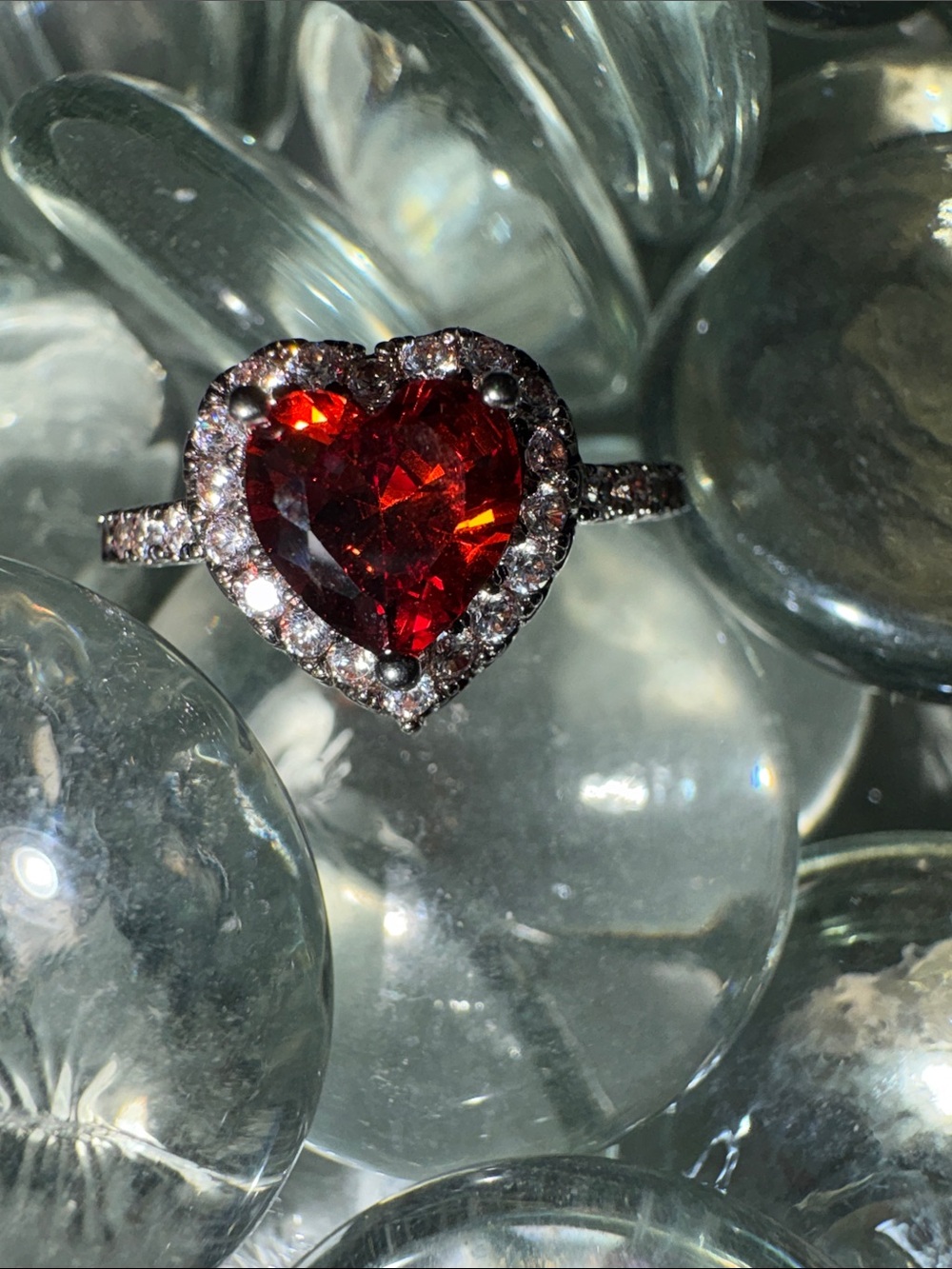 Heart Halo Red Cz Ring - Unbranded. Rhodium plated.